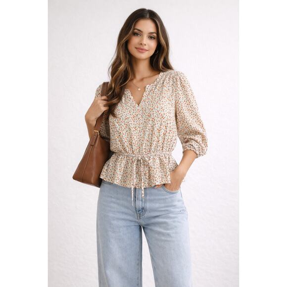 Sienna Sky Tops - Cottagecore Floral Boho Peplum Blouse White Orange Small Dainty Quarter Sleeve